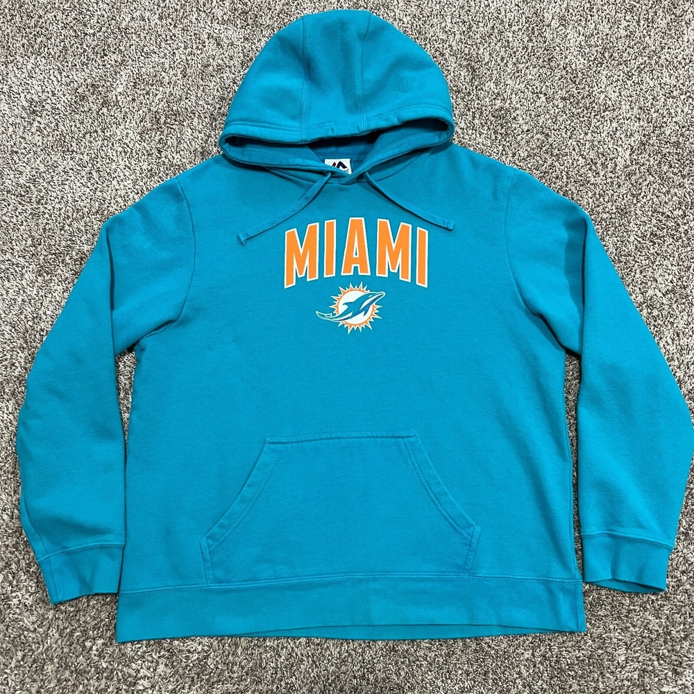 Majestic Miami Dolphins Blue Football Hoodie Mens Size XL Fleece Spellout Logo